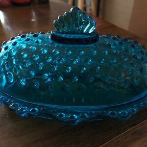 Blue hobnail butter dish